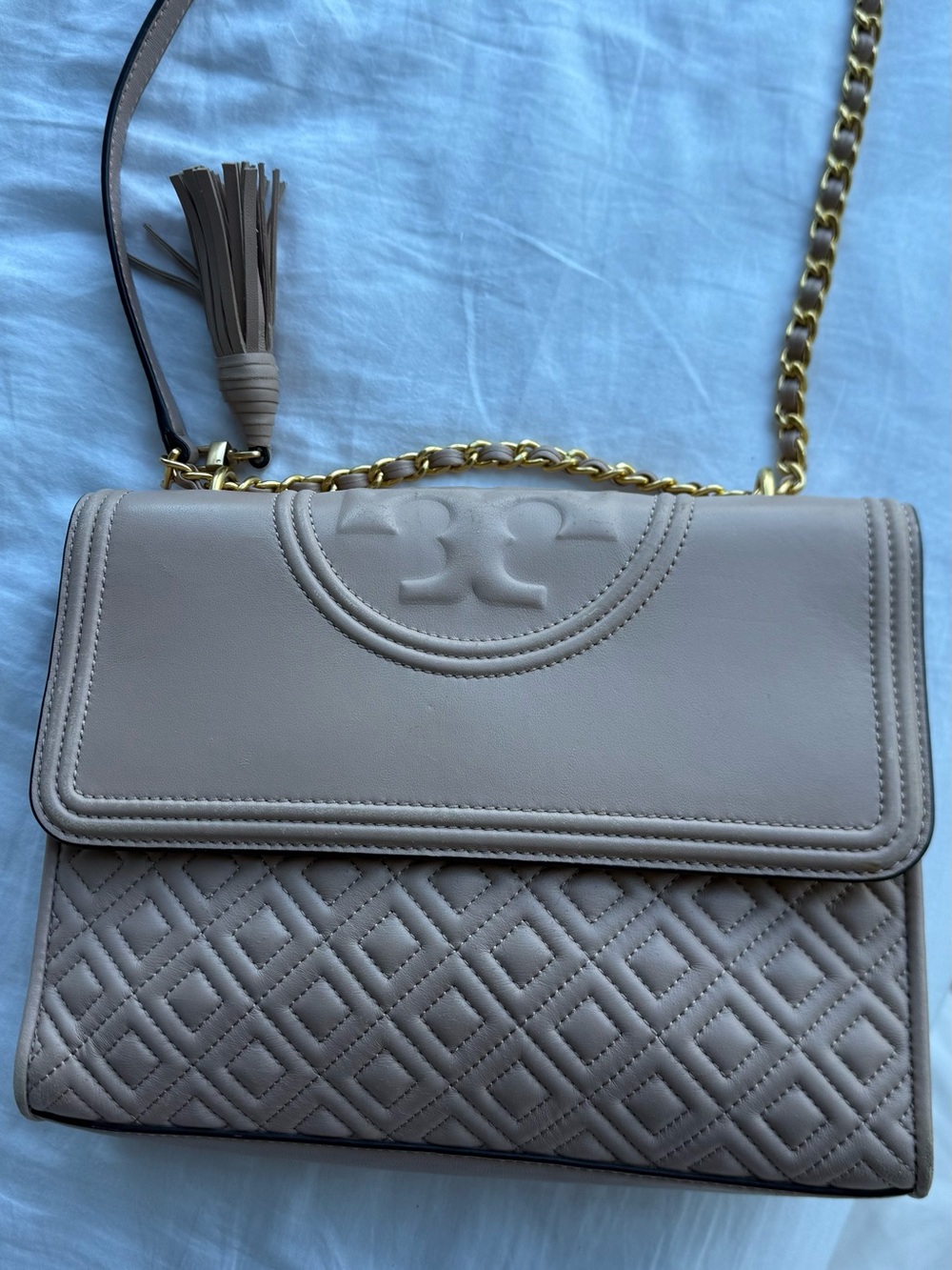 Tory Burch Taupe Quilted Leather Crossbody Bag with Gold Chain
